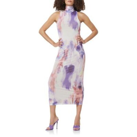NWT AFRM Serenity violet watercolor turtleneck backless mesh sheath max… - Picture 1 of 14